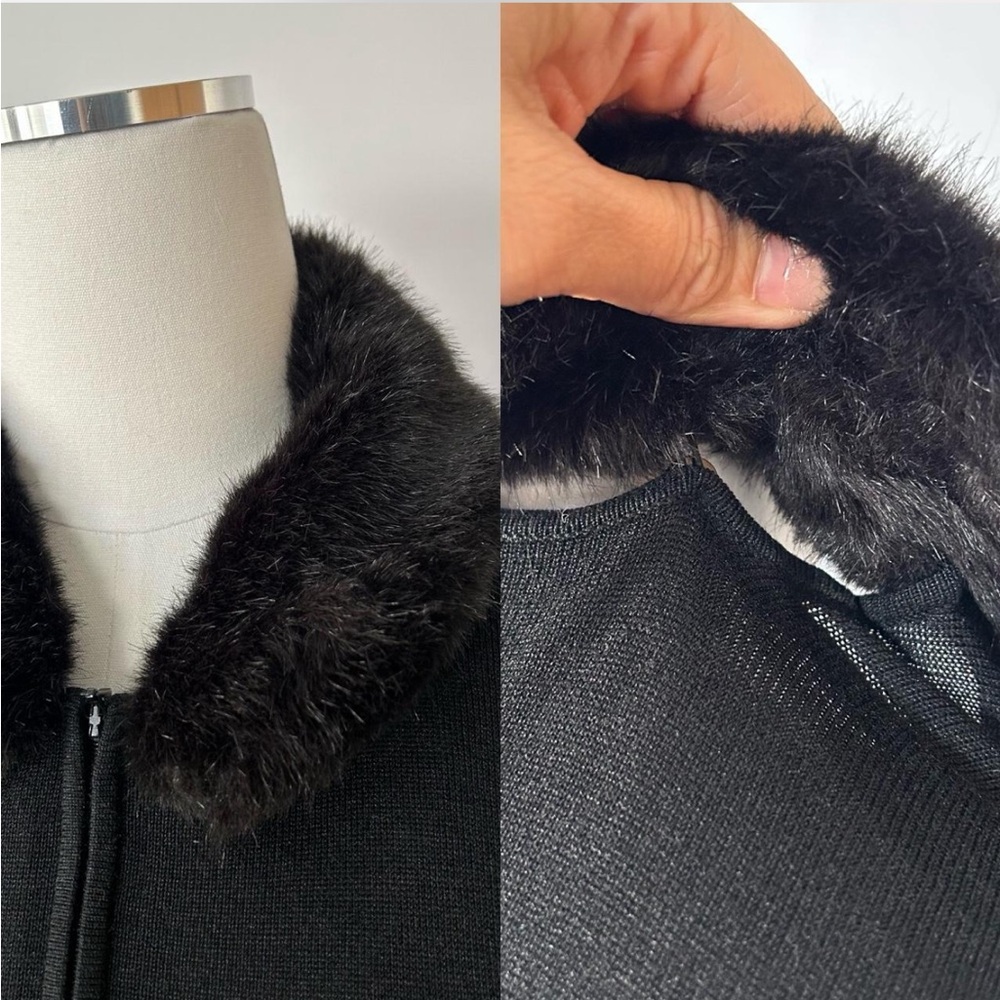 Vintage Y2K Grunge Norton McNaughton Black 100% Silk with Faux Fur Trim Cardigan - Picture 7 of 8
